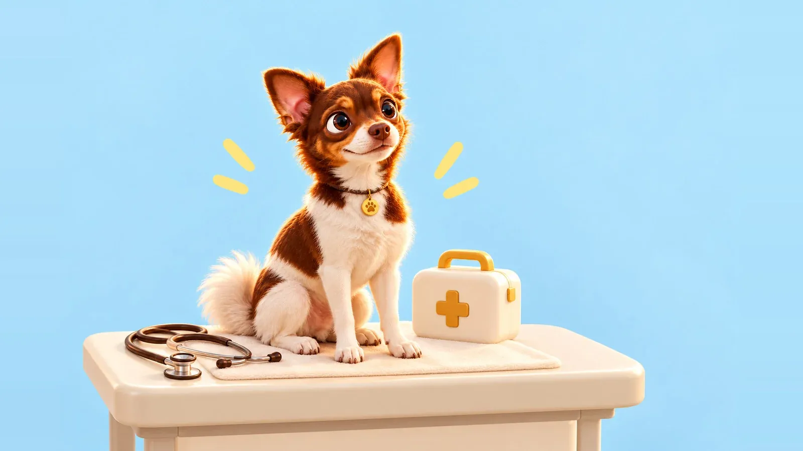 Cloud, il cane di Cloud Pet, seduto su un lettino con una valigetta del pronto soccorso e uno stetoscopio