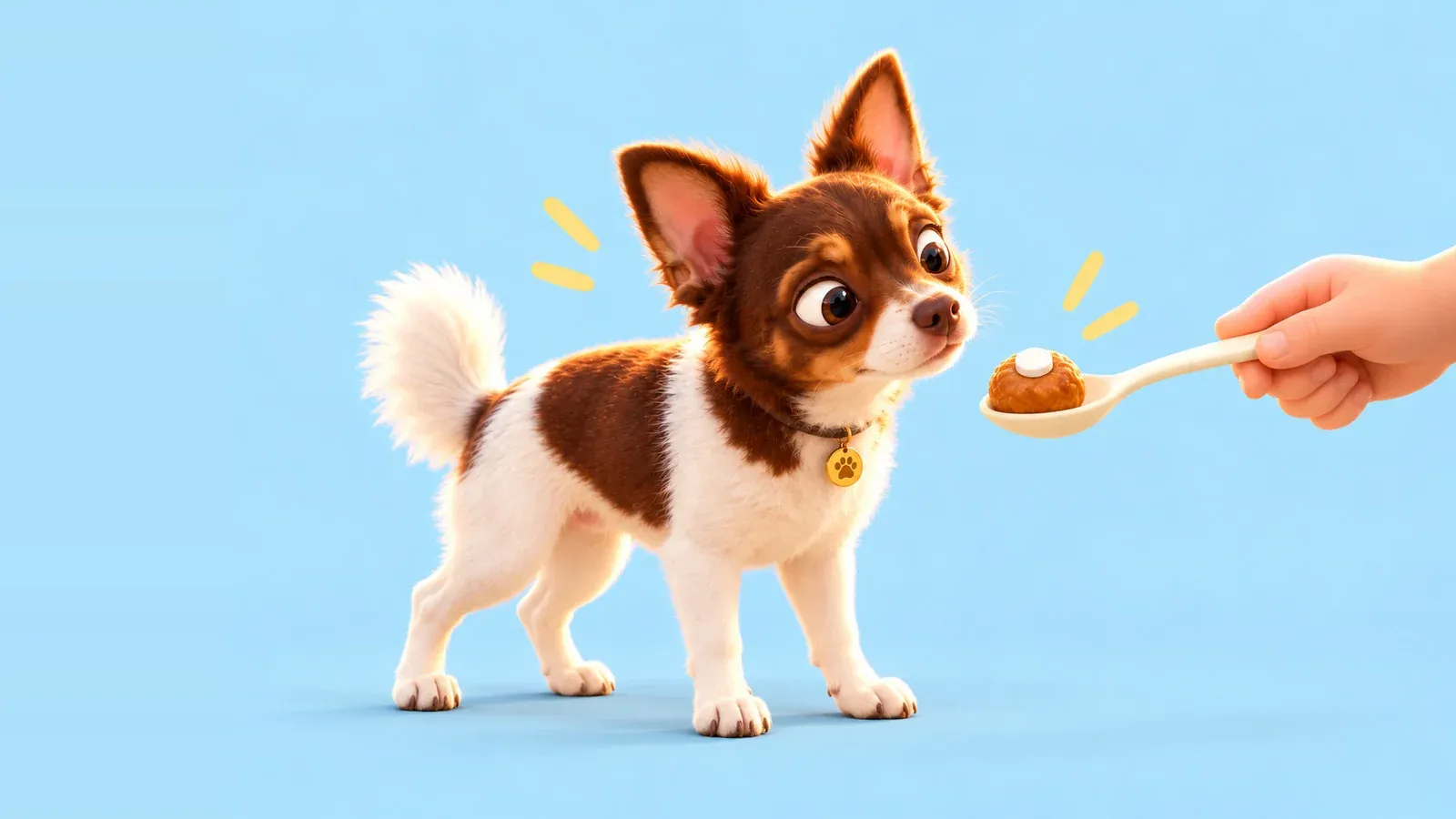 Cloud, the Cloud Pet dog, sniffing a teaspoon held out by a hand while waiting for his pill