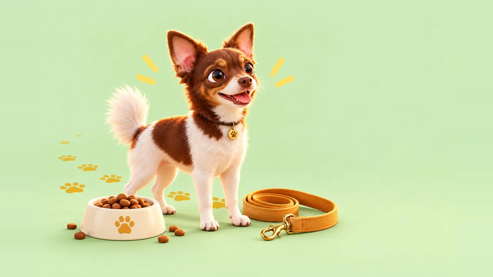 Cloud, il cane di Cloud Pet, tra la ciotola piena di crocchette e il guinzaglio dorato