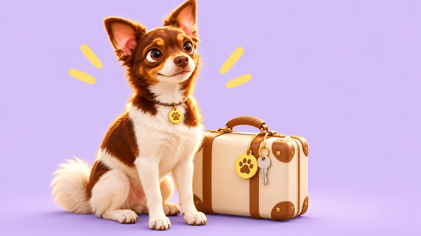 Cloud, the Cloud Pet dog, by the front door with a suitcase while waiting for whoever is coming to see him