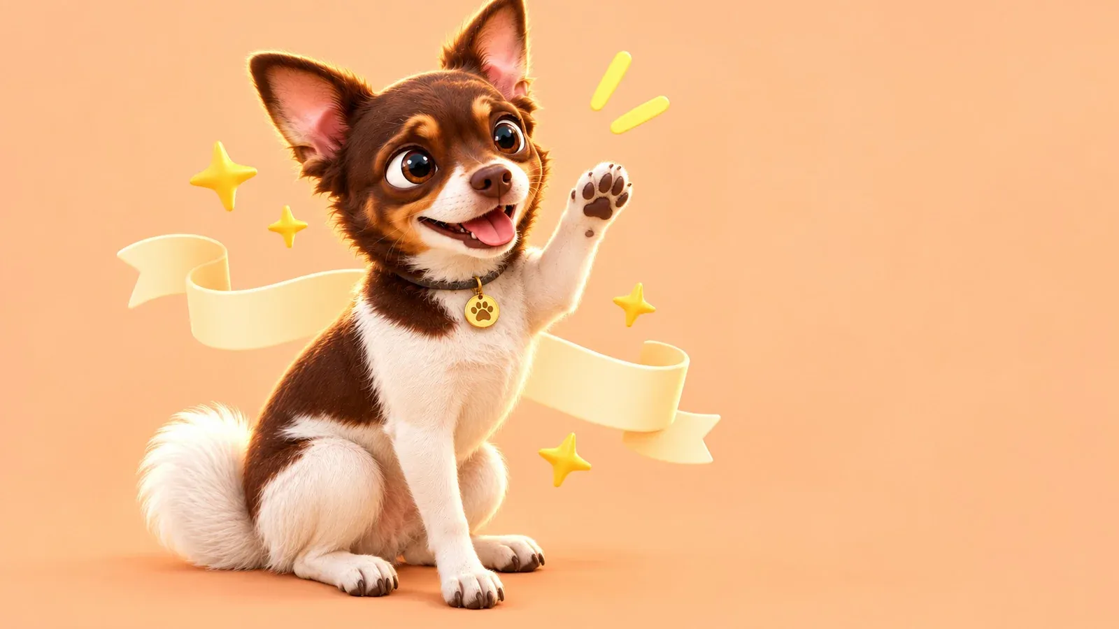 Cloud, il cane di Cloud Pet, saluta con la zampa sotto un nastro di festa e tante stelline